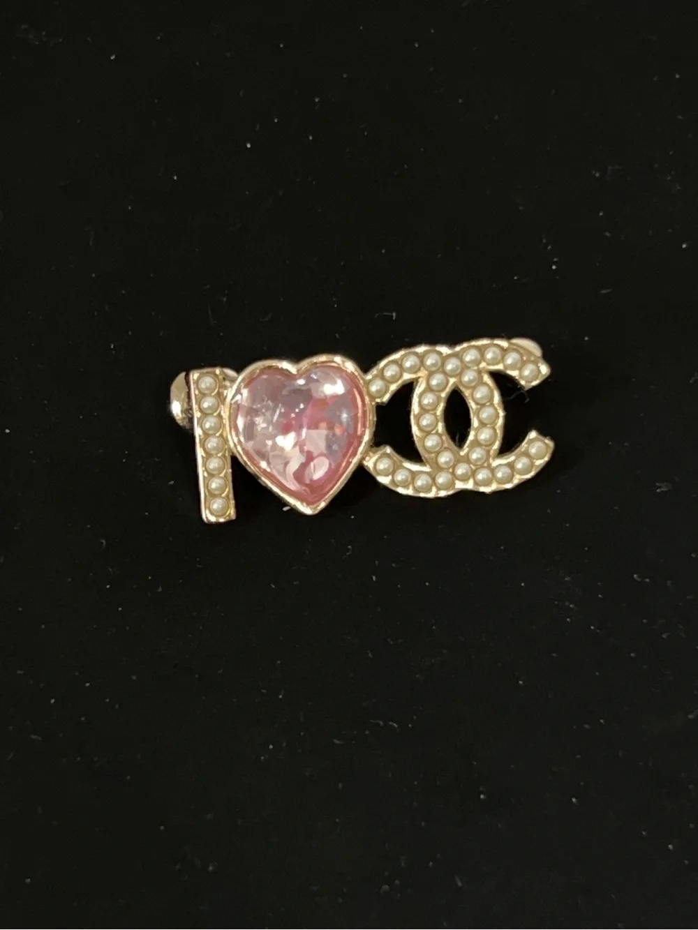 Chanel Pearl-Embellished Pink Heart Logo Brooch